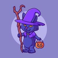 niedliche katzenhexe, die halloween-kürbiskarikaturillustration trägt vektor