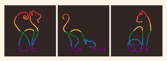 eine strichzeichnung katze in der farbe des regenbogens, das lgbt flag.poster, vektor auf dunklem hintergrund. alle Elemente sind isoliert