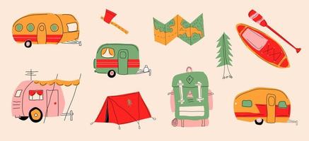 vektor uppsättning av camping Utrustning symboler, ikoner och element. sommar vandring samling med tält, väska, trailer, Karta, sav, yxa, ryggsäck
