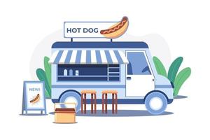 Hot-Dog-Lebensmittel-LKW-Illustrationskonzept auf weißem Hintergrund vektor