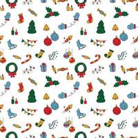 nahtlose textur von neujahrssymbolen, weihnachtssymbol. Muster aus handgezeichneten Winterurlaubssymbolen, Tapeten. Cartoon-Doodle-Hintergrund zum Thema Neujahrsferien vektor