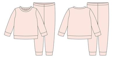 kleidung pyjamas technische skizze. hellrosa Farbe. Sweatshirt und Hose aus Baumwolle für Kinder. vektor