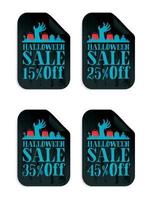 halloween schwarze verkaufsaufkleber mit zombiehand. Halloween-Verkauf 15, 25, 35, 45 Rabatt. vektor