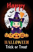 Happy Halloween Süßes oder Saures Poster mit Kind in Kostüm Hexe. Halloween-Grußkarte