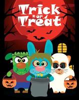 Halloween-Hintergrund mit tierischem Süßes oder Saures im Halloween-Kostüm vektor