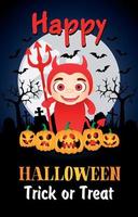 Happy Halloween Süßes oder Saures Poster mit Kind im Kostümteufel. Halloween-Grußkarte