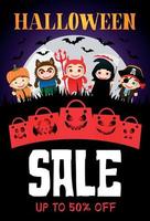 halloween försäljning affisch med skrämmande rolig paket. rolig barn i halloween kostymer. halloween försäljning baner design med 50 rabatt vektor
