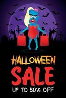 Halloween-Verkaufsplakat, Banner mit lustigem Zombie-Mädchen. verkauf halloween grafikdesign vektor