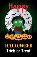 Happy Halloween Süßes oder Saures Poster mit Kind im Kostüm Zombie. Halloween-Grußkarte