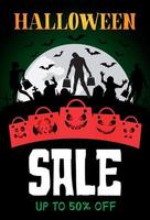Halloween-Verkaufsbanner-Design mit 50 Rabatt. Vorlagen für Poster mit Zombies. Halloween-Grußkarte beängstigend lustige Pakete vektor