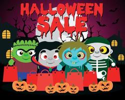 halloween-verkaufshintergrund mit lustigen kindern im halloween-kostüm vektor