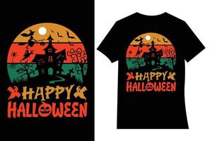 glücklicher halloween-t-shirt-designvektor. vektorkarikaturartillustration des kürbises, der hexenkatze und der fledermäuse, lokalisiert auf weißem hintergrund. Druck für T-Shirt- oder Posterdesign. Fröhlicher Halloween-Text. vektor