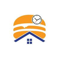 Burger-Zeit-Vektor-Logo-Design-Vorlage. Big Burger mit Uhr und Haus-Icon-Logo-Design. vektor
