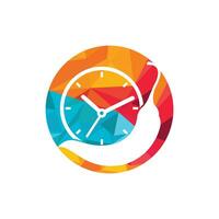 würzige Zeit-Vektor-Logo-Design-Vorlage. Chili mit Uhrensymbol-Vektordesign vektor
