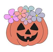 Kürbis mit Lächeln und Blumen. Halloween-Doodle-Kürbis. böser Kürbis. Kürbisillustration mit bunten Blumen vektor