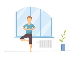 glücklicher gesunder junger Mann praktiziert Yoga neben dem Fenster. Vektor-Cartoon-Illustration. sportliche aktivität, training, übung, fitness, drinnen, meditation, lebensstil, zu hause bleiben konzept vektor