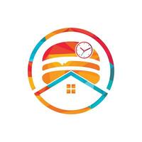 Burger-Zeit-Vektor-Logo-Design-Vorlage. Big Burger mit Uhr und Haus-Icon-Logo-Design. vektor