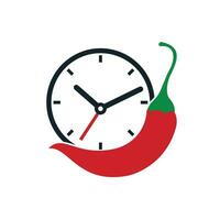 würzige Zeit-Vektor-Logo-Design-Vorlage. Chili mit Uhrensymbol-Vektordesign vektor