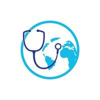 World Care-Vektor-Logo-Vorlage. Globus-Zeichen und Stethoskop-Arzt-Vektor-Logo-Design-Vorlage. vektor