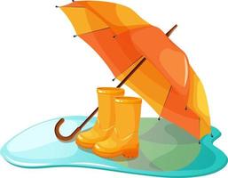 leuchtend gelb-oranger Regenschirm mit gelben Gummistiefeln auf Pfütze. regnerisches Wetter. Regenschirm mit Stiefeln vektor