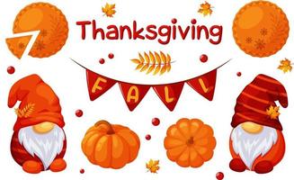Thanksgiving-Set, Zwerge, Kürbis, Kürbiskuchen, Ernte, leuchtende Bilder für das Erntedankfest vektor