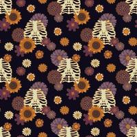 Knochen und Blumen Boho Halloween Musterdesign. Brust mit groovigen Gänseblümchenblumen. magische Vektorillustration auf einem dunklen Hintergrund. vektor