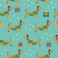 sömlös jul mönster med hundar gåvor snö på blå bakgrund vektor