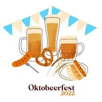 oktoberfest 2022 illustration med stiliserade öl muggar, med traditionell snacks pretzel och grillad korv på vit bakgrund vektor