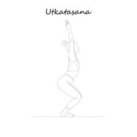 kontinuerlig linje teckning. ung kvinna framställning yoga träning, silhuett bild. ett linje dragen svart och vit illustration. utkatasana vektor