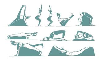 uppsättning av smal atletisk ung kvinna håller på med yoga och kondition. friska livsstil. samling av kvinna siluetter demonstrera annorlunda yoga positioner isolerat på vit bakgrund vektor