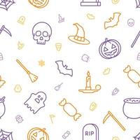 nahtlose orange und violette Umrisssymbole von Halloween-bezogenen Dingen vektor