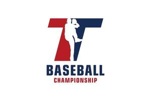 bokstaven t med baseball logotyp design. vektor designmallelement för sportlag eller företagsidentitet.