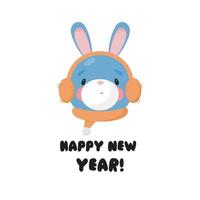 Lycklig ny år hälsning kort med söt kanin. vektor illustration i tecknad serie stil. vit bakgrund.
