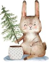 kaninchen, das einen grünen weihnachtsbaum hält, karikaturaquarell für winterferien. vektor