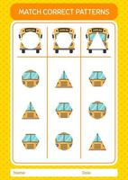 matcha mönsterspel med skolbuss. arbetsblad för förskolebarn, aktivitetsblad för barn vektor