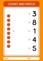 Zähl- und Match-Spiel mit Basketball. arbeitsblatt für vorschulkinder, kinderaktivitätsblatt vektor