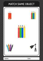 passen Sie mit dem gleichen Objektspiel-Farbstift zusammen. arbeitsblatt für vorschulkinder, kinderaktivitätsblatt vektor