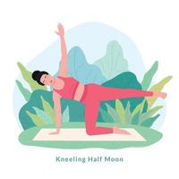 knästående halv måne yoga utgör. ung kvinna kvinna håller på med yoga för yoga dag firande. vektor