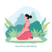 Held mit Block-Yoga-Pose. junge frau frau, die yoga für yoga-tagesfeier tut. vektor