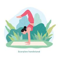 Skorpion-Handstand-Yoga-Pose. junge frau frau, die yoga für yoga-tagesfeier tut. vektor