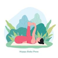 Lycklig bebis yoga utgör. ung kvinna kvinna håller på med yoga för yoga dag firande. vektor