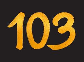 103 siffra logotyp vektor illustration, 103 år årsdag firande vektor mall, 103:a födelsedag, guld text tal borsta teckning hand dragen skiss, siffra logotyp design för skriva ut, t skjorta