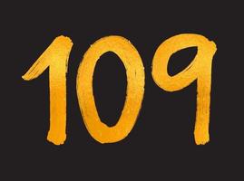 109 siffra logotyp vektor illustration, 109 år årsdag firande vektor mall, 109:e födelsedag, guld text tal borsta teckning hand dragen skiss, siffra logotyp design för skriva ut, t skjorta