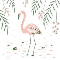 rosa flamingo auf dem hintergrund von blumen und tropischen blättern im karikaturstil vektor