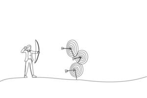 Illustration einer Geschäftsfrau, die eine perfekte Schlagpfeil-Zielübung macht. einzeiliger Kunststil vektor