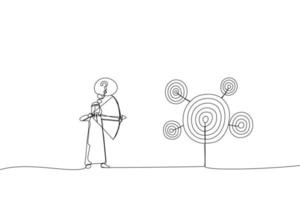 illustration av arab affärsman med rosett och pil se på flera olika mål och kan inte besluta som mål till skjuta på. liknelse för göra flera saker samtidigt och prioritet. ett linje konst stil vektor