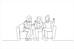 Zeichnung von Freundinnen, die lachen, sitzen auf dem Sofa in einem gemütlichen, warmen Raum und plaudern, machen eine Pause. Einzeiliger Kunststil vektor
