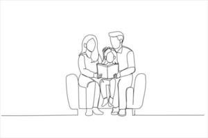 illustration av familj läsning bok tillsammans. ett kontinuerlig linje konst stil vektor