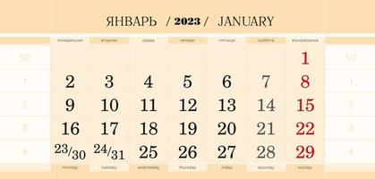 kalender kvartals blockera för 2023 år, januari 2023. vecka börjar från måndag. vektor