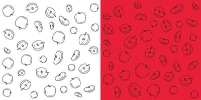 verschiedene Äpfel und Apfelscheiben im Doodle-Stil. gezeichnete vektorfruchtillustration für grußkarten, poster, rezepte mit hintergrund zwei. vektor